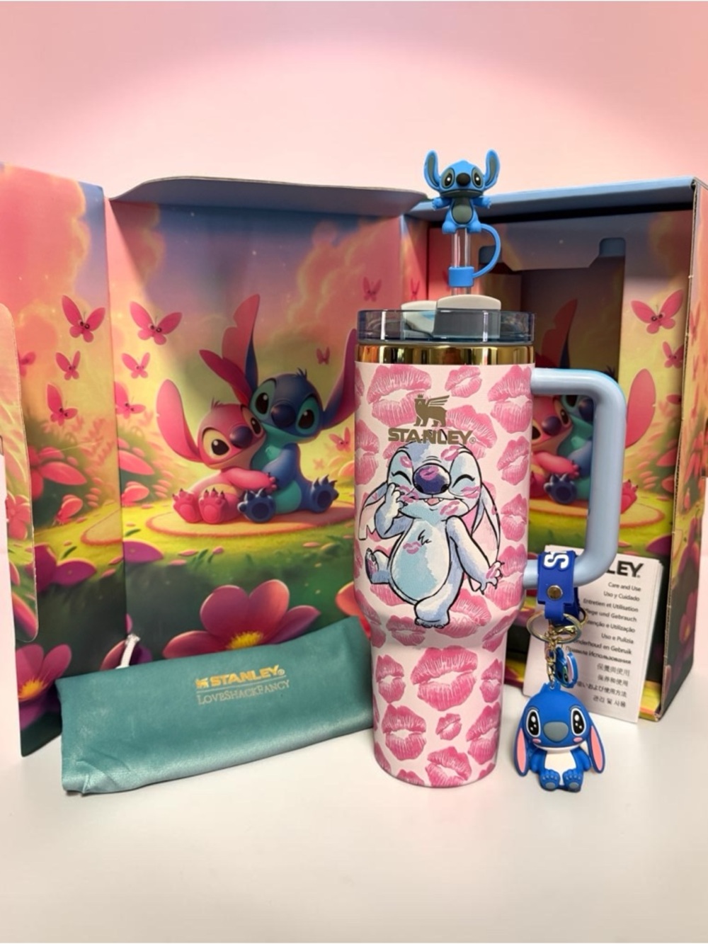 Pink Kiss 40 oz Tumbler with Blue Stitch Handle & Charm